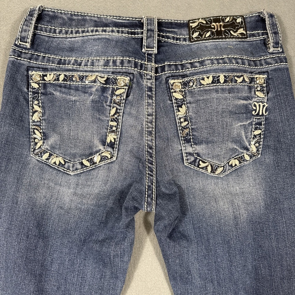 Miss Me Boot WOMENS 26 JEANS THICK STITCH RHINESTONE WHISKERING